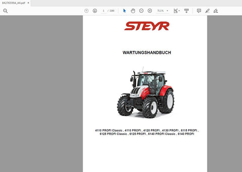 Discover the ultimate resource for your STEYR PROFI tractors with the comprehensive service manual for models 4110, 4120, 4130, 6125, and 6140. This PDF file, identified by the code 84276599A_A4, is designed to provide you with detailed insights and instructions to keep your machinery running smoothly.
