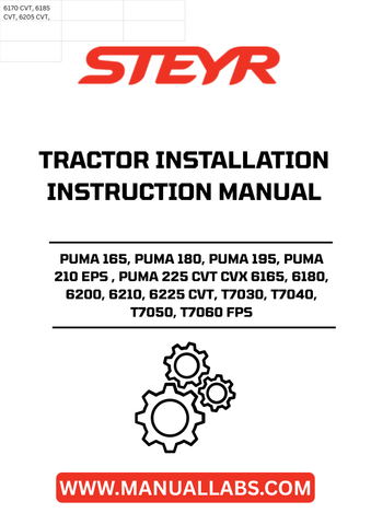 Discover the essential STEYR PUMA Installation Instructions Manual, designed specifically for models PUMA 165, 180, 195, 210 EPS, and 225 CVT, as well as CVX 6165, 6180, 6200, 6210, 6225 CVT, T7030, T7040, T7050, and T7060 FPS tractors. This comprehensive manual provides clear, step-by-step guidance to ensure a seamless installation process, making it an invaluable resource for both seasoned professionals and DIY enthusiasts.