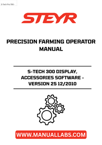 Enhance your precision farming experience with the STEYR S-TECH 300 Display and Accessories Software, Version 25. This advanced display system is designed to provide farmers with real-time data and insights, ensuring optimal performance and efficiency in the field. With its user-friendly interface, you can easily navigate through various features tailored to meet your agricultural needs.