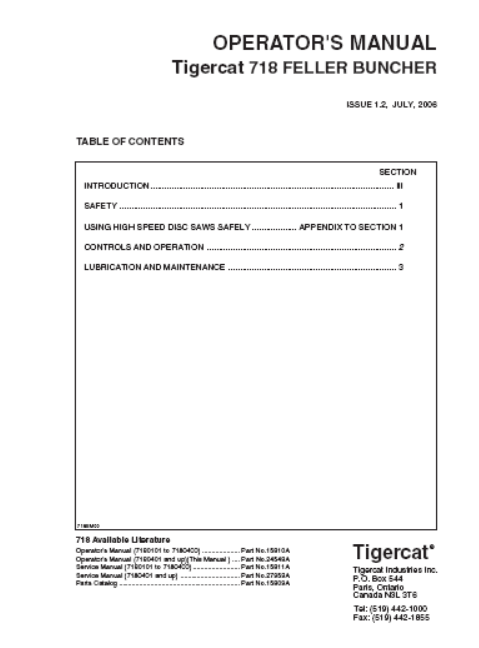 7180900 TIGERCAT 718 FELLER BUNCHER MANUAL