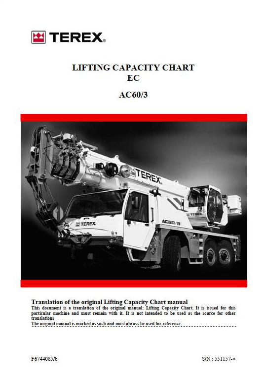 Terex All Terrain Crane AC60-3, AC60-3L Lifting Capacity Chart Manual PDF