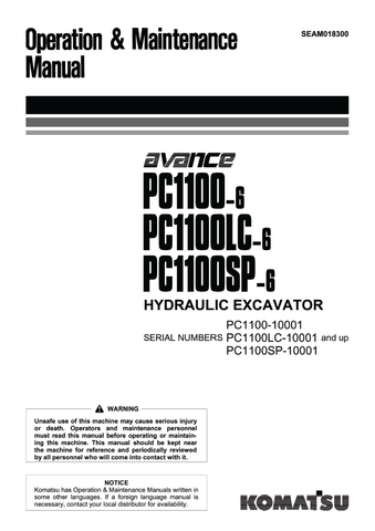 Komatsu PC1100-6 Excavator Operation & Maintenance Manual S/N 10001-UP - PDF File Download