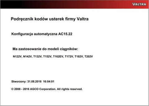 Discover the VALTRA Automation Configuration AC15.22 Service Code Manual, a comprehensive PDF guide designed for professionals seeking to optimize their Valtra machinery. This manual provides detailed insights into the automation configuration process, ensuring you have the knowledge to enhance performance and efficiency.