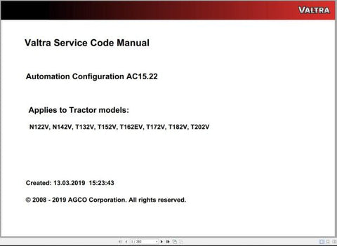 Discover the VALTRA Automation Configuration AC15.22 Service Code Manual, a comprehensive PDF guide designed for professionals seeking to optimize their Valtra machinery. This manual provides detailed instructions and insights into the automation configuration process, ensuring you can effectively manage and troubleshoot your equipment.