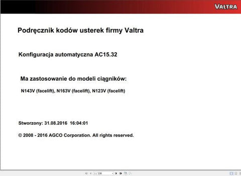 Unlock the full potential of your Valtra machinery with the Valtra Automation Configuration AC15.32 Service Code Manual. This comprehensive PDF file is designed to provide you with essential insights and detailed instructions for configuring and troubleshooting your Valtra equipment, ensuring optimal performance and efficiency.