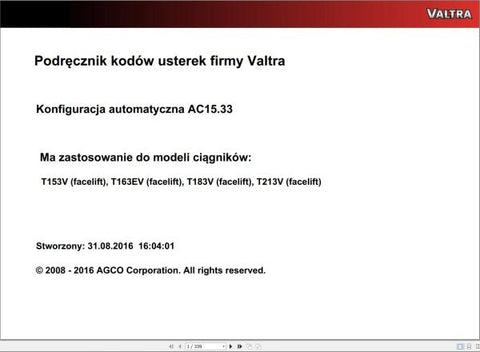Discover the VALTRA Automation Configuration AC15.33 Service Code Manual, a comprehensive PDF guide designed for professionals seeking to optimize their Valtra machinery. This manual provides detailed instructions and insights into the automation configuration process, ensuring you can effectively manage and troubleshoot your equipment.