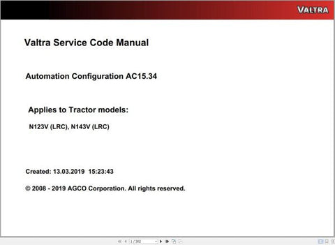 Unlock the full potential of your Valtra machinery with the VALTRA AUTOMATION CONFIGURATION AC15.34 SERVICE CODE MANUAL. This comprehensive PDF file serves as an essential resource for operators and technicians, providing detailed insights into the automation configuration process. With easy-to-follow instructions, you can streamline your equipment's performance and ensure optimal functionality.