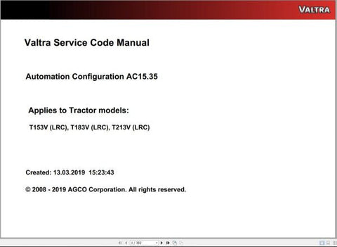 Discover the VALTRA Automation Configuration AC15.35 Service Code Manual, a comprehensive PDF guide designed for professionals seeking to optimize their Valtra machinery. This manual provides detailed instructions and insights into the automation configuration process, ensuring you can effectively manage and troubleshoot your equipment.
