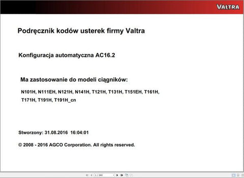Discover the VALTRA Automation Configuration AC16.2 Service Code Manual, a comprehensive PDF guide designed for professionals seeking to optimize their Valtra machinery. This manual provides detailed instructions and insights into the automation configuration process, ensuring you have the knowledge needed to enhance performance and efficiency.