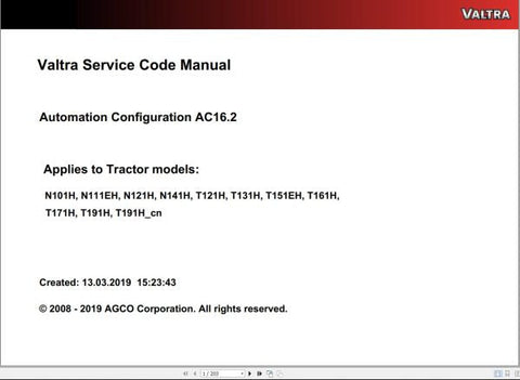Discover the VALTRA Automation Configuration AC16.2 Service Code Manual, a comprehensive PDF guide designed for professionals seeking to optimize their Valtra machinery. This manual provides detailed insights into the automation configuration process, ensuring you have the knowledge to enhance performance and efficiency.