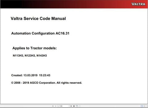 Discover the VALTRA Automation Configuration AC16.31 Service Code Manual, a comprehensive PDF guide designed for professionals seeking to optimize their Valtra machinery. This manual provides detailed insights into the automation configuration process, ensuring you have the knowledge to enhance performance and efficiency.