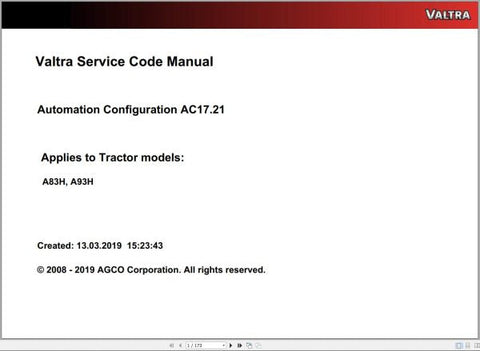 Discover the VALTRA Automation Configuration AC17.21 Service Code Manual, a comprehensive PDF guide designed for professionals seeking to optimize their Valtra machinery. This manual provides detailed instructions and insights into the automation configuration process, ensuring you have the knowledge needed to enhance performance and efficiency.