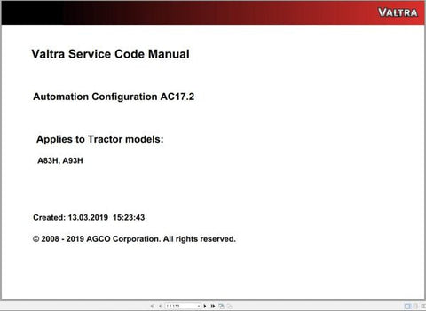 Unlock the full potential of your Valtra machinery with the VALTRA AUTOMATION CONFIGURATION AC17.2 SERVICE CODE MANUAL. This comprehensive PDF file serves as an essential resource for operators and technicians, providing detailed insights into the automation configuration process. With clear instructions and expert guidance, you can ensure optimal performance and efficiency for your Valtra equipment.