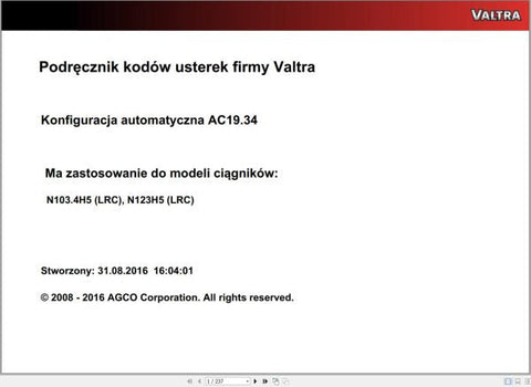 Discover the VALTRA Automation Configuration AC19.34 Service Code Manual, a comprehensive PDF guide designed for professionals seeking to optimize their Valtra machinery. This manual provides detailed instructions and insights into the automation configuration process, ensuring you have the knowledge needed to enhance performance and efficiency.