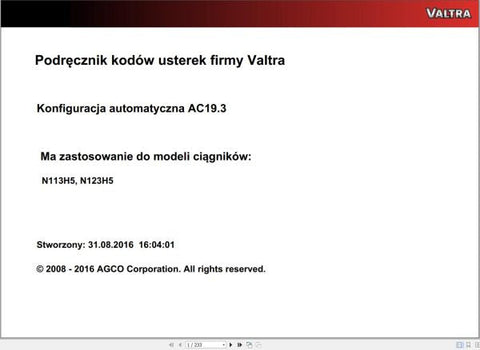 Unlock the full potential of your Valtra machinery with the VALTRA AUTOMATION CONFIGURATION AC19.3 SERVICE CODE MANUAL. This comprehensive PDF file serves as an essential guide for understanding and implementing automation configurations, ensuring your equipment operates at peak efficiency.