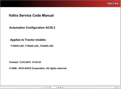 Discover the VALTRA Automation Configuration AC26.3 Service Code Manual, a comprehensive PDF guide designed for professionals seeking to optimize their Valtra machinery. This manual provides detailed insights into the automation configuration process, ensuring you have the knowledge to enhance performance and efficiency.