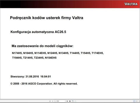 Discover the VALTRA Automation Configuration AC26.5 Service Code Manual, a comprehensive PDF guide designed for professionals seeking to optimize their Valtra machinery. This manual provides detailed instructions and insights into the automation configuration process, ensuring you can effectively manage and troubleshoot your equipment.