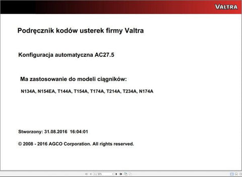 Discover the VALTRA Automation Configuration AC27.5 Service Code Manual, a comprehensive PDF guide designed for professionals seeking to optimize their Valtra machinery. This manual provides detailed instructions and insights into the automation configuration process, ensuring you can effectively manage and troubleshoot your equipment.