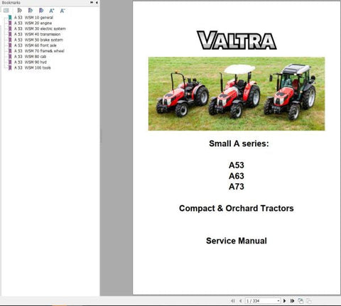 Unlock the full potential of your Valtra Compact Orchard Tractors A53, A63, and A73 with our comprehensive service manual in PDF format. This essential guide provides detailed insights into maintenance, troubleshooting, and repair procedures, ensuring your tractor operates at peak performance.