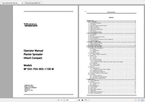 Discover the ultimate guide for your VALTRA SA Seeding Planter Spreader with the Hitech Compact BP 503-1106 Operator Manual in PDF format. This comprehensive manual is designed to enhance your operational efficiency, providing you with essential insights and detailed instructions tailored specifically for your equipment.