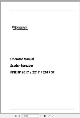 Discover the VALTRA SA Seeding Spreader Fine BP Operator Manual, a comprehensive PDF guide designed for models 2017, 2217, 2617, and SF. This manual is an essential resource for operators seeking to maximize the efficiency and performance of their seeding spreaders.