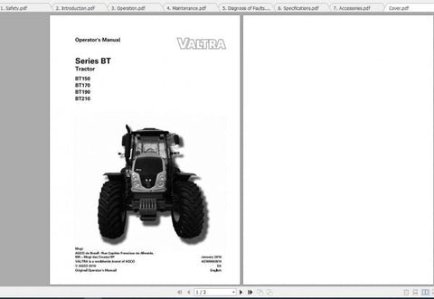Discover the comprehensive VALTRA SA Tractor Series Operator’s Manual, designed specifically for models BT, BT150, BT170, BT190, and BT210. This PDF file serves as an essential resource for operators, providing detailed insights into the features and functionalities of your tractor, ensuring optimal performance and longevity.