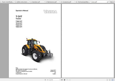 Discover the essential VALTRA SA TRACTOR T CVT Operator’s Manual, designed specifically for models T195, T210, T230, T250, and T CVT. This comprehensive PDF file serves as your go-to resource for understanding the advanced features and functionalities of your tractor, ensuring you maximize its performance and efficiency.