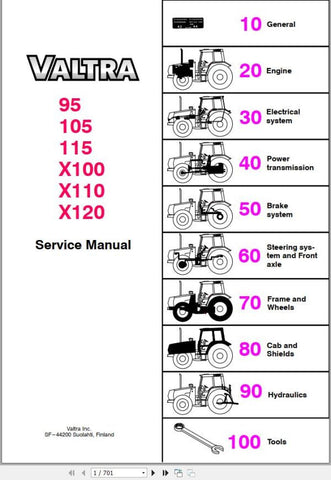 Unlock the full potential of your Valtra tractor with our comprehensive service manual, available in a convenient PDF format. This essential guide covers models 95, 105, 115, X100, X110, and X120, providing you with detailed insights into maintenance, troubleshooting, and repair procedures.