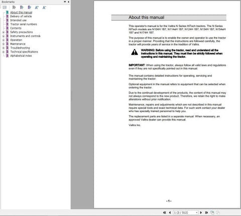 Discover the essential VALTRA TRACTOR N104H1B7 to N174H1B7 Operator’s Manual, now available in a convenient PDF format. This comprehensive guide is designed to enhance your understanding and operation of your VALTRA tractor, ensuring you get the most out of your investment.