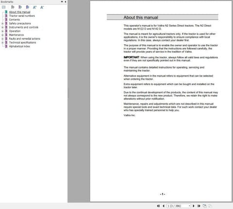 Discover the essential VALTRA TRACTOR N122D and N142D Operator’s Manual, now available in a convenient PDF format. This comprehensive guide is designed to enhance your understanding of your tractor's features, ensuring optimal performance and maintenance.