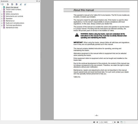 Discover the essential VALTRA TRACTOR N123DX, N143DX, N163DX Operator’s Manual in a convenient PDF format. This comprehensive guide is designed to enhance your understanding and operation of these powerful tractors, ensuring you get the most out of your investment.