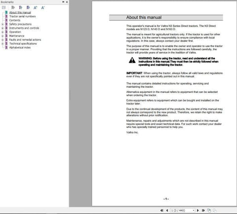 Discover the essential guide for your Valtra Tractor with the N123D, N143D, and N163D Operator’s Manual in PDF format. This comprehensive manual is designed to enhance your understanding of your tractor's features, ensuring optimal performance and longevity.