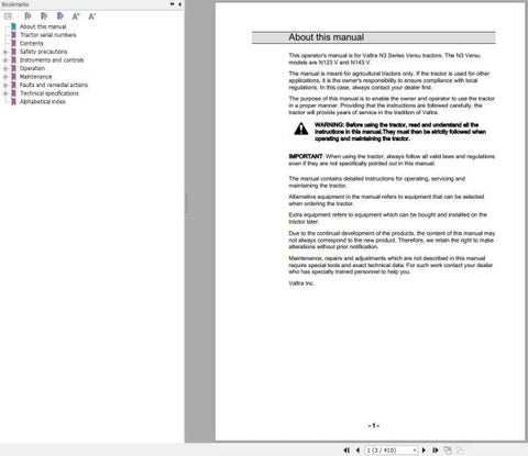 Discover the essential VALTRA TRACTOR N123V and N143V Operator’s Manual (39881211) in a convenient PDF format. This comprehensive guide is designed to enhance your understanding and operation of these powerful tractors, ensuring you get the most out of your investment.
