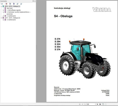 Discover the essential VALTRA TRACTOR S274 to S374 Operator’s Manual, now available in a convenient PDF format. This comprehensive guide is designed to enhance your understanding and operation of your VALTRA tractor, ensuring you get the most out of your investment.