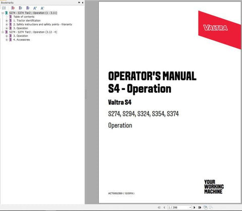 Discover the essential VALTRA TRACTOR S274 to S374 Operator’s Manual, now available in a convenient PDF format. This comprehensive guide is designed to enhance your understanding and operation of your VALTRA tractor, ensuring you get the most out of your investment.