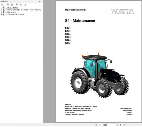 Enhance your Valtra tractor experience with the comprehensive Operator’s Manual for models S274 to S394. This PDF file is designed to provide you with essential information, ensuring you can operate your tractor efficiently and safely.