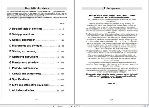 Discover the essential VALTRA TRACTOR T120 TO T170CR OPERATOR’S MANUAL (39818215) in a convenient PDF format. This comprehensive guide is designed to enhance your understanding and operation of your Valtra tractor, ensuring you get the most out of your investment.