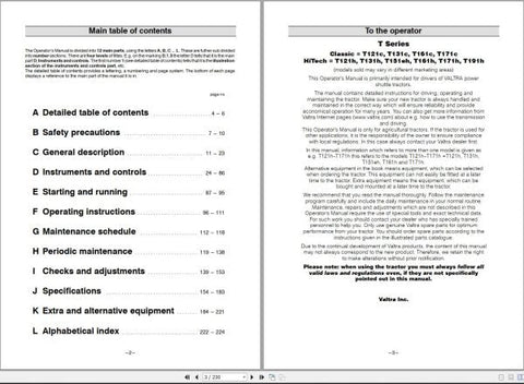 Discover the essential VALTRA Tractor T121C to T191H Operator’s Manual (39866211) in a convenient PDF format. This comprehensive guide is designed to enhance your understanding of your tractor's features, ensuring optimal performance and maintenance.