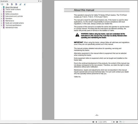 Discover the essential VALTRA Tractor T132H to T193H Operator’s Manual (39867213) in a convenient PDF format. This comprehensive guide is designed to enhance your understanding of your tractor's features, ensuring optimal performance and maintenance.