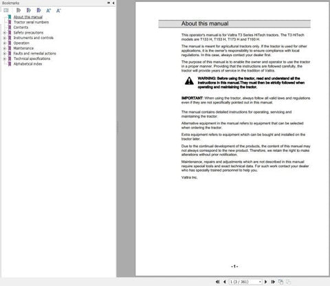 Discover the essential Valtra Tractor Operator’s Manual for models T133H, T153H, and T193H, available in a convenient PDF format. This comprehensive guide is designed to enhance your understanding of your tractor's features, ensuring optimal performance and maintenance.