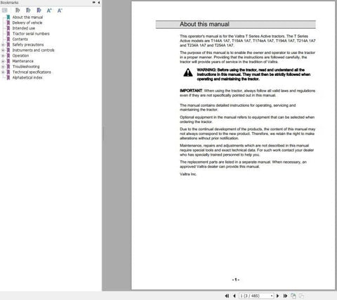 Discover the essential VALTRA TRACTOR T144A1A7 TO T254A1A7 OPERATOR’S MANUAL, now available in a convenient PDF format. This comprehensive guide is designed to enhance your understanding and operation of your VALTRA tractor, ensuring you get the most out of your investment.