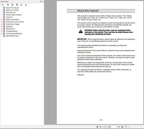 Discover the essential VALTRA Tractor T144V1A7 to T254V1A7 Operator’s Manual (39912212) in a convenient PDF format. This comprehensive guide is designed to enhance your understanding and operation of your VALTRA tractor, ensuring you get the most out of your investment.