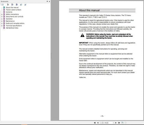 Discover the essential Valtra Tractor Operator’s Manual for models T153V, T183V, and T213V, available in a convenient PDF format. This comprehensive guide is designed to enhance your understanding of your tractor's features, ensuring optimal performance and maintenance.