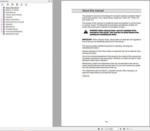 Discover the essential VALTRA Tractor Operator’s Manual for models T154A1A7, T194A1A7, and T234A1A7, designed specifically for Stage IIIA compliance. This comprehensive PDF file is your go-to resource for understanding the operational intricacies of your tractor, ensuring you maximize its performance and longevity.