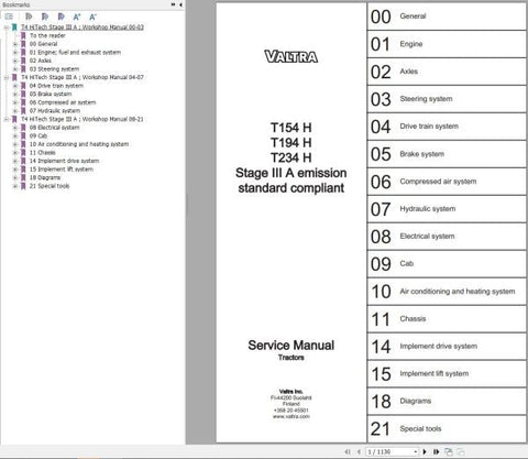 Unlock the full potential of your Valtra tractor with the comprehensive T154H, T194H, and T234H Stage IIIA Service Manual (PDF file). This essential guide is designed to provide you with detailed insights and step-by-step instructions for maintenance and repairs, ensuring your equipment operates at peak performance.