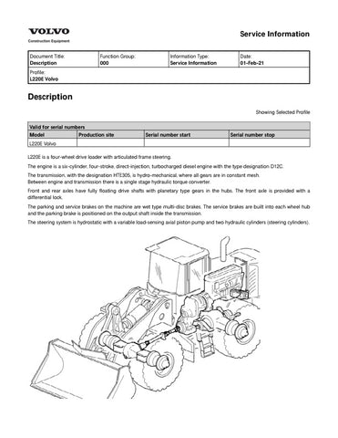 Unlock the full potential of your VOLVO L220E Wheel Loader with the comprehensive 2021 Service Manual in PDF format. This essential guide provides detailed maintenance procedures, troubleshooting tips, and specifications to ensure your equipment operates at peak performance. With easy navigation and clear illustrations, you can quickly find the information you need to keep your loader running smoothly and efficiently. Invest in this invaluable resource today and enhance the longevity and reliability of your