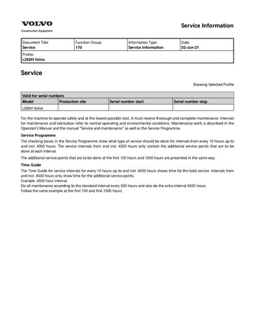 Unlock the full potential of your VOLVO L260H Wheel Loader with the comprehensive 2021 Service Manual in PDF format. This essential guide provides detailed insights into maintenance, troubleshooting, and repair procedures, ensuring your equipment operates at peak performance. With easy navigation and clear illustrations, you can quickly find the information you need to keep your loader running smoothly and efficiently. Invest in this invaluable resource today and enhance the longevity and reliability of you
