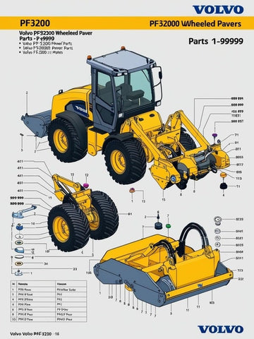 Discover the ultimate resource for maintaining your VOLVO PF3200 Wheeled Paver with our comprehensive Parts Catalog Manual. Designed specifically for serial numbers 1-999999, this PDF file provides detailed diagrams and part numbers, ensuring you have everything you need at your fingertips to keep your equipment running smoothly.
