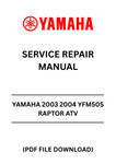 Unlock the full potential of your Yamaha YFM50S Raptor ATV with our comprehensive 2003-2004 Service Repair Manual. This PDF file is your ultimate guide to maintaining and repairing your vehicle, ensuring it runs smoothly and efficiently for years to come.