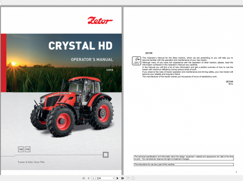Discover the ZETOR TRACTOR CRYSTAL HD 170 Operator’s Manual, a comprehensive PDF guide designed to enhance your experience with the Stage V tractor. 